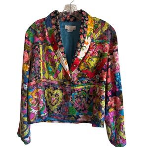 Sandy‎ Starkman Art Jacket M Quilted Patchwork Hearts Floral Rayon Boho VTG
